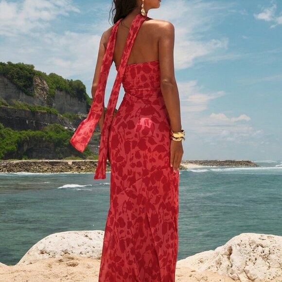 Red Casual Women's Beach Fairycore Wedding Party Elegant Knitted Mesh Print Form - Picture 2 of 8